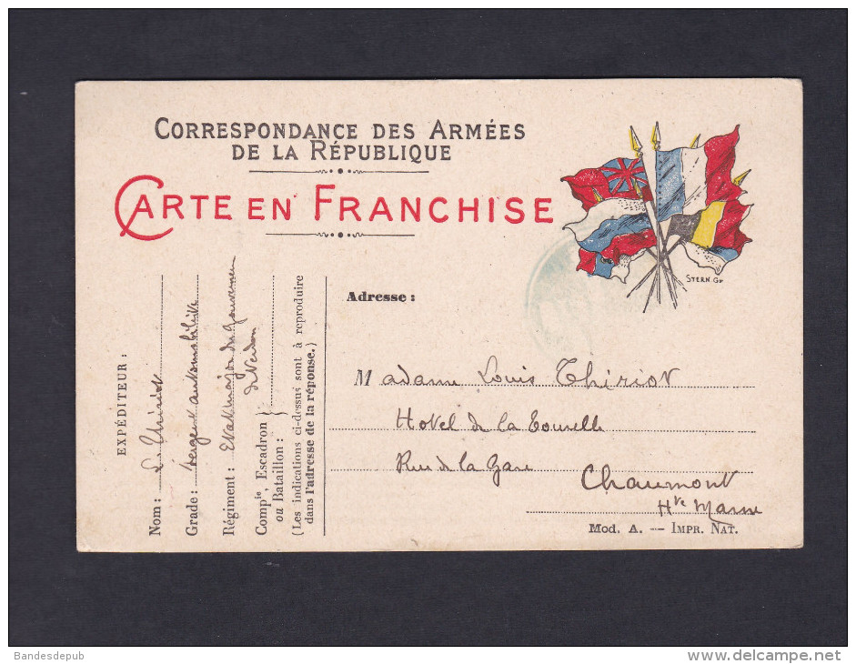 Carte Postale Franchise Militaire Thiriot Sergent Automobiliste Etat Major Du Gouverneur De Verdun Vers Chaumont 1914 - Covers & Documents