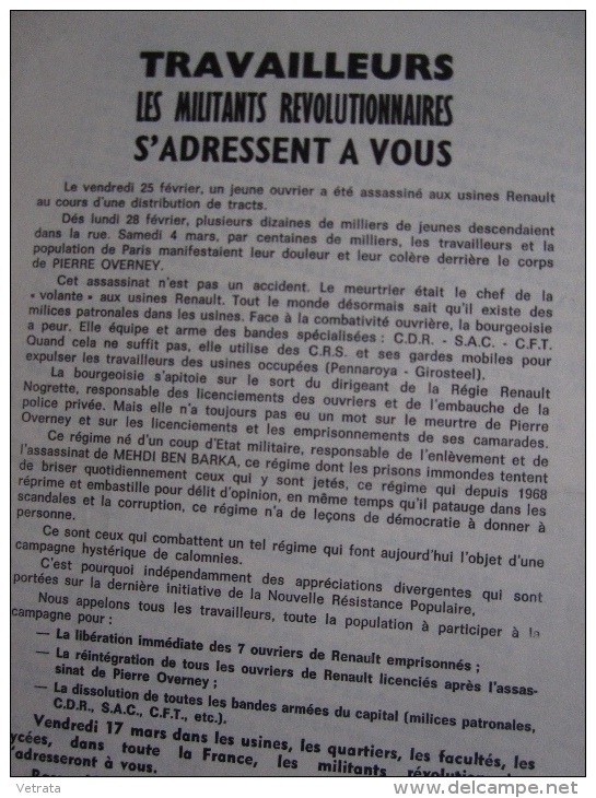 Tract : Travailleurs, Les Militants Révolutionnaires S'adressent À Vous (Pierre Overney) Signatures Multiples, 1972 - Non Classés