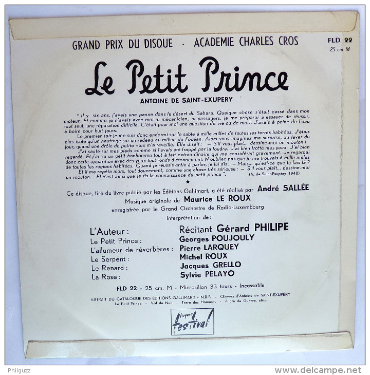 Disque Vinyle 33T 25 Cm LE PETIT PRINCE Antoine De Saint-Exupéry (1) - FESTIVAL FLD 22 1954 Gerard Philipe - Schallplatten & CD