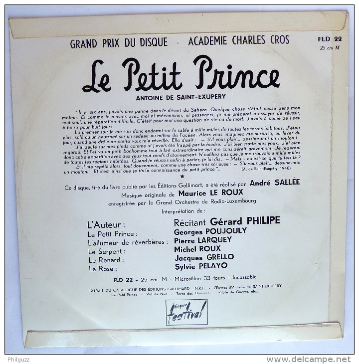 Disque Vinyle 33T 25 Cm LE PETIT PRINCE Antoine De Saint-Exupéry (1) - FESTIVAL FLD 22 1954 Gerard Philipe - Disques & CD