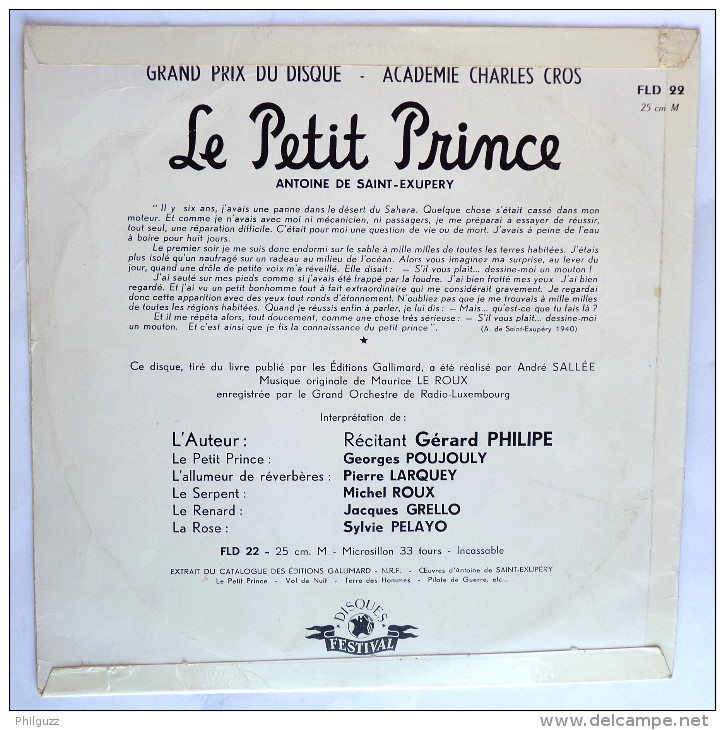 Disque Vinyle 33T 25 Cm LE PETIT PRINCE Antoine De Saint-Exupéry (2) - FESTIVAL FLD 22 M 1954 Gérard Philipe - Disques & CD