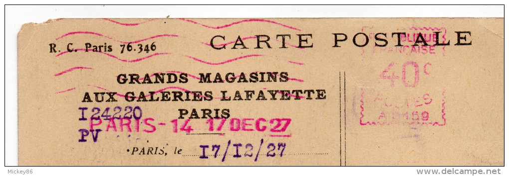 1927-EMA Machine Havas N° A 0159(Galeries Lafayette)-40c Empreinte Muette Sur Carte Postale Pub Lafayette-griffe Rouge - EMA (Empreintes Machines à Affranchir)