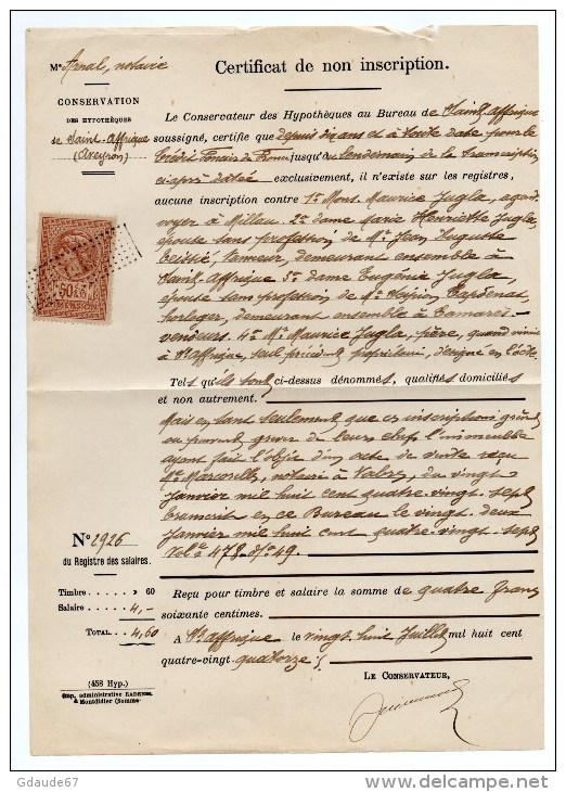 1894 - TIMBRE FISCAL Sur CERTIFICAT DE NON INSCRITPION De SAINT AFFRIQUE (AVEYRON) - Autres & Non Classés