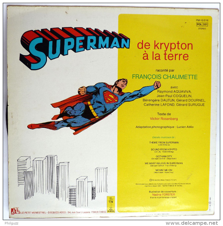 Disque Vinyle 33T SUPERMAN De Krypton à La Terre -  ADES PM 10516 1980 Pochette Nadine Forster - Disques & CD