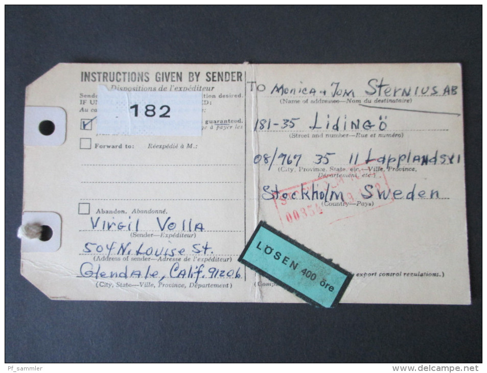 USA 1971 Anhänger Für Ein Gepäckstück Nach Schweden!! Lösen 400 Öre. Glendale - Stockholm. - Briefe U. Dokumente