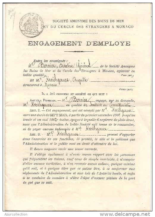 MONACO . ENGAGEMENT A LA S.A DES BAINS DE MER . 1901 - Documents Historiques