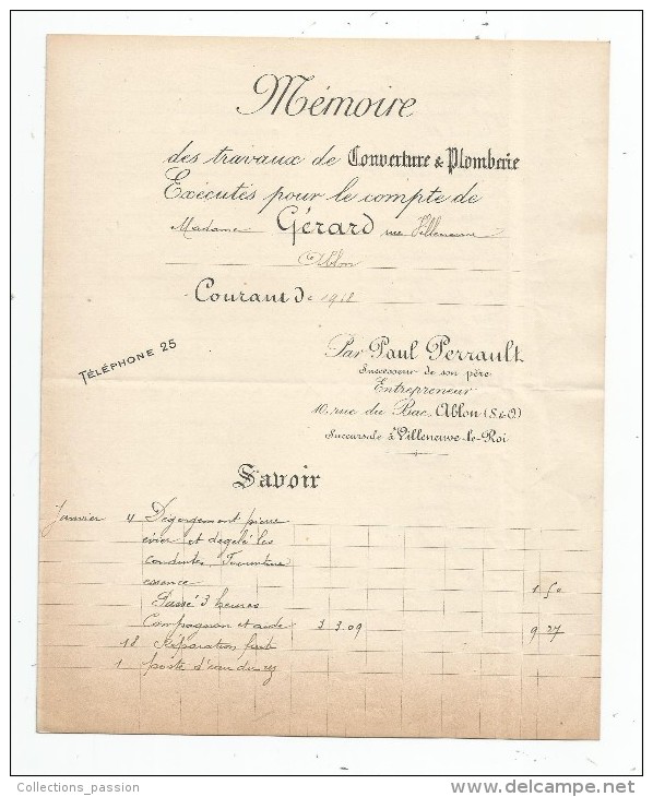 Facture , Mémoire , 1909 , Paul PERRAULT , Couverture & Plomberie , Ablon , Seine & Oise , 4 Pages , Frais Fr : 1.50€ - Autres & Non Classés