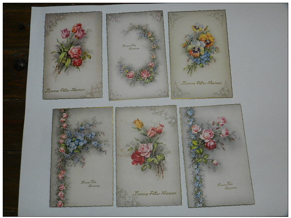 LOT 6 CARTES VINTAGE FETES DES MERES  - BOUQUETS FLEURS  - EDITION SUPERLUXE PARIS -  DENTELEES ET BRILLANTES - Fête Des Mères