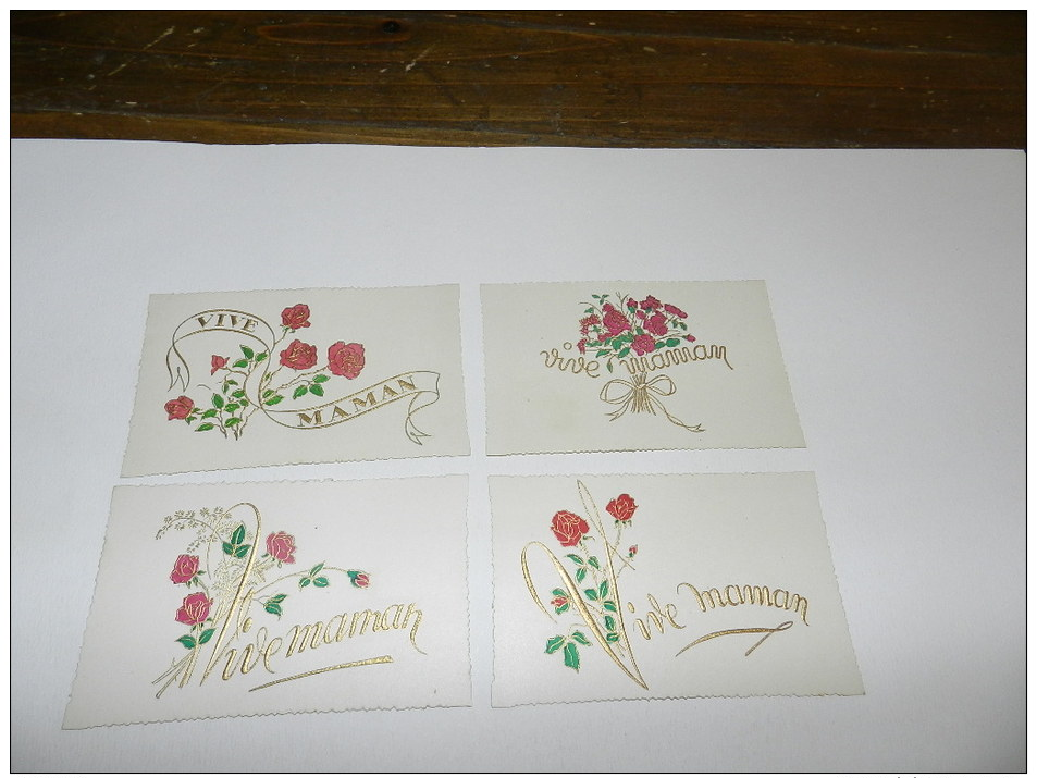 LOT 4 CARTES VINTAGE VIVE MAMAN  -  BOUQUETS DE ROSES - PETIT FORMAT - DENTELEES ET BRILLANTES - Fête Des Mères