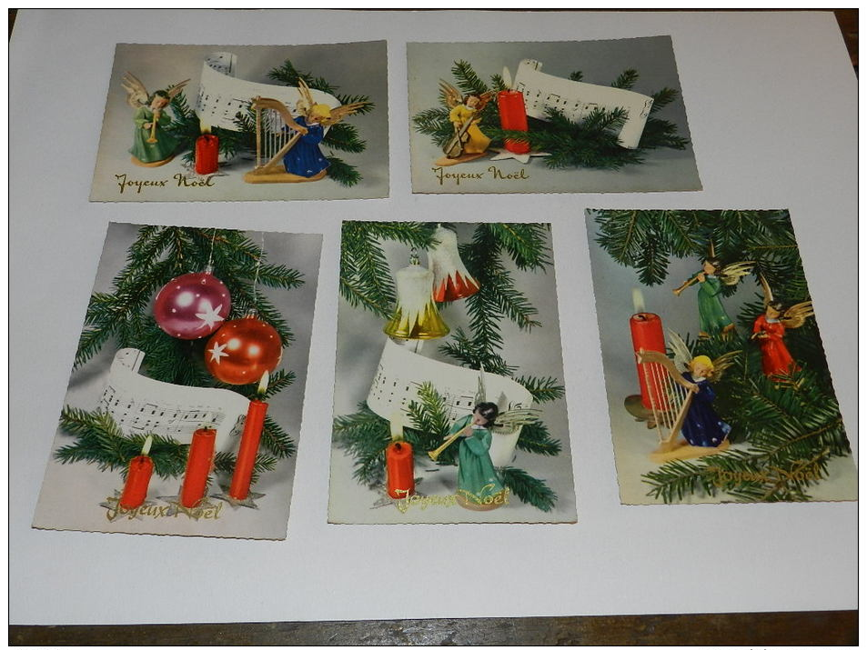 LOT 5 CARTES VINTAGE JOYEUX NOEL  - ANGES / BOUGIES / HARPE / PARTITION MUSIQUE  - EDITION ISV - Otros & Sin Clasificación