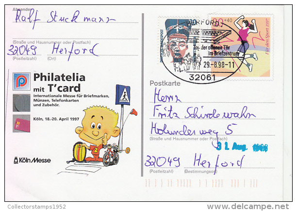 27266- KOLN PHILATELIC EXHIBITION, FOR THE SPORTS, POSTCARD STATIONERY, NEFERTITI STAMP, 1998, GERMANY - Cartes Postales Illustrées - Oblitérées