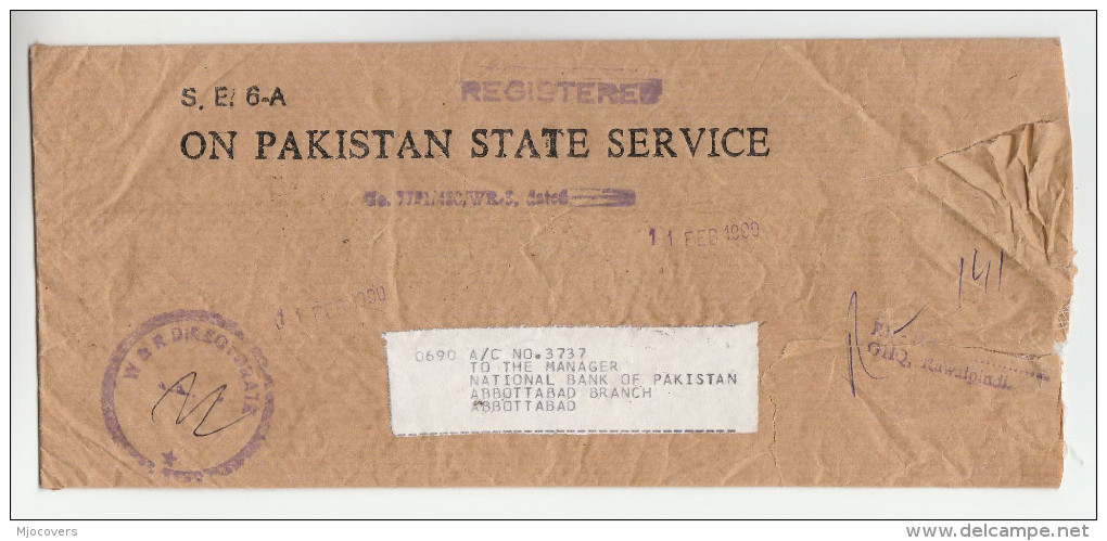 1990 REGISTERED Pakistan STATE SERVICE W &R DIRECTORATE COVER Franked SERVICE Stamps To National BANK OF PAKISTAN - Pakistan