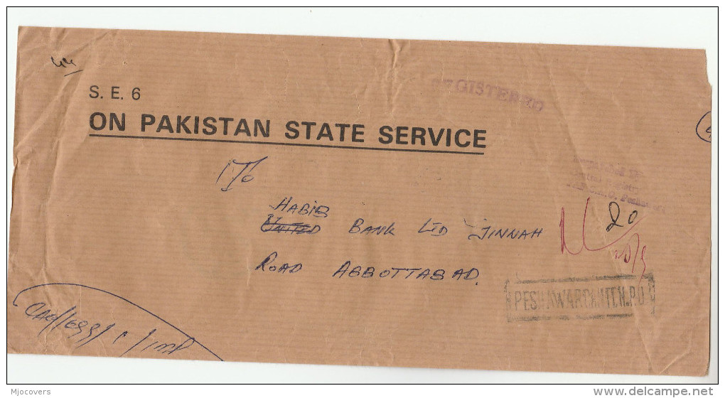 1988 REGISTERED Pakistan STATE SERVICE COVER PESHAWAR CANTT Franked SERVICE Stamps To HABAIB BANK - Pakistan