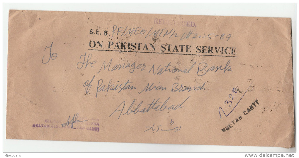 1989 REGISTERED Pakistan STATE SERVICE COVER Franked SERVICE Stamps MULTAN CANTT  To  BANK Of PAKISTAN  Abbottabad - Pakistan