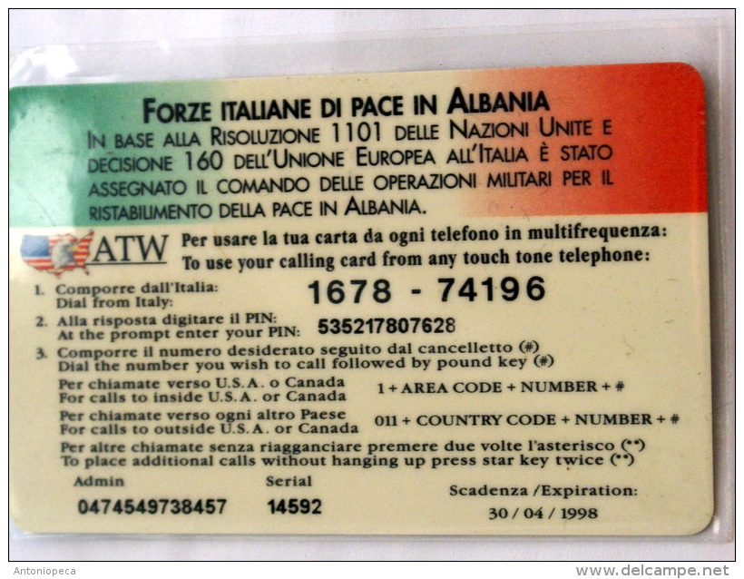 1998 - PREPAID CARD ATW FOR MILITARY ITALIAN PEACE KEEPING FORCES IN ALBANIA - Esercito