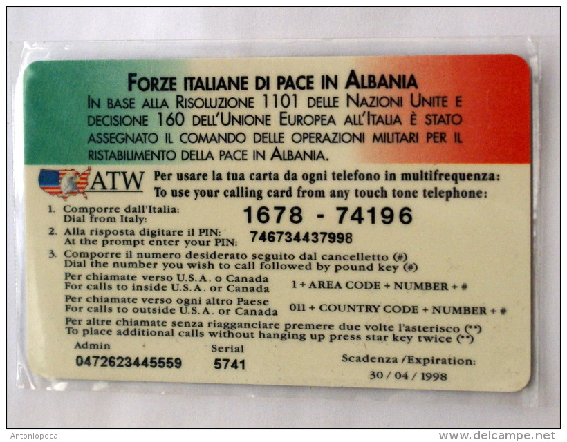 1998 - PREPAID CARD ATW FOR MILITARY ITALIAN PEACE KEEPING FORCES IN ALBANIA - Esercito