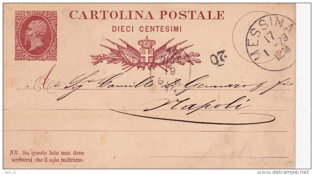 Postkarte 1878 Filagrano C 4 Von "Messina" Nach Napoli (w174) - Interi Postali