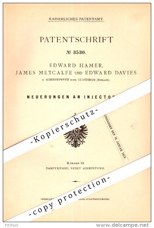 Original Patent - E. Davies In Llandinam / Llanidloes And James Metcalfe In Alberystwyth , 1888 , Steam Injectors !!! - Cardiganshire