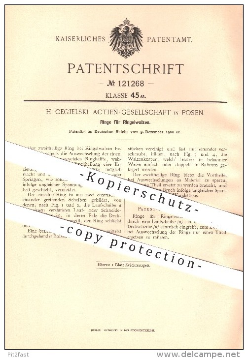 Original Patent - H. Cegielski , AG Aktiengesellschaft In Posen , 1900 , Ringe Für Ringelwalzen , Ring , Walze , Walzen - Historische Dokumente