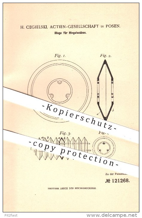 Original Patent - H. Cegielski , AG Aktiengesellschaft In Posen , 1900 , Ringe Für Ringelwalzen , Ring , Walze , Walzen - Historische Dokumente