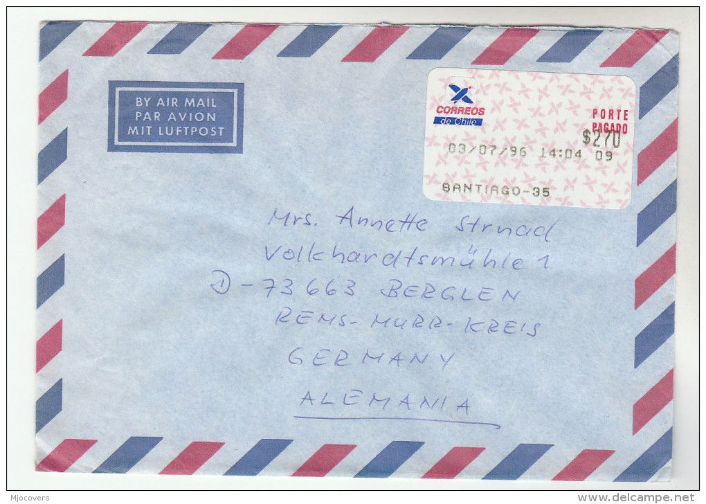 1996 Air Mail CHILE COVER Franked ATM LABEL CORREOS DE CHILE PORTE PACADO Stamps To Germany Frama - Chile