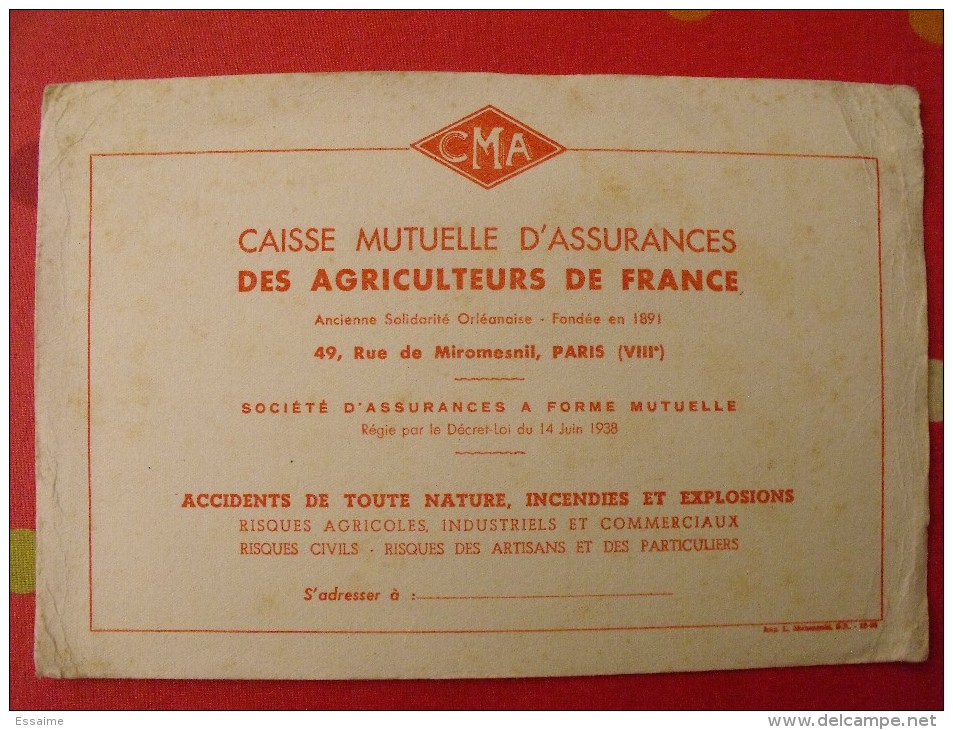 Buvard Caisse Mutuelle D'assurances Des Agriculteurs De France. Vers 1950 - Bank & Versicherung