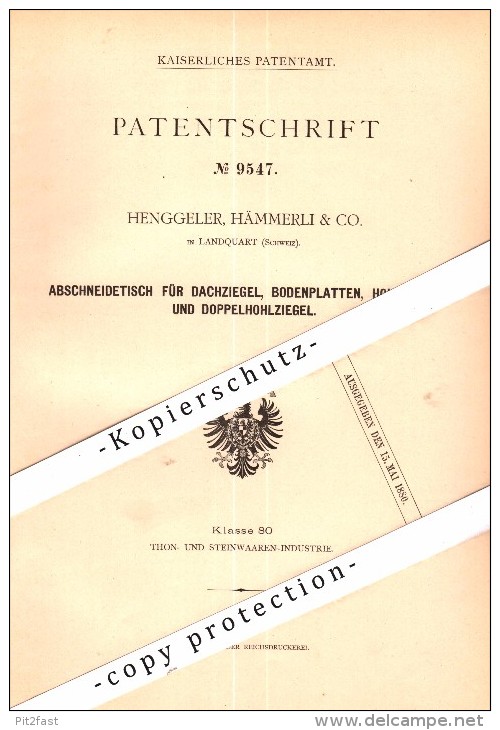Original Patent - Henggeler , Hämmerli & Co. In Landquart , 1879 , Abschneidetisch Für Dachziegel , Mastrils , Igis !!! - Igis