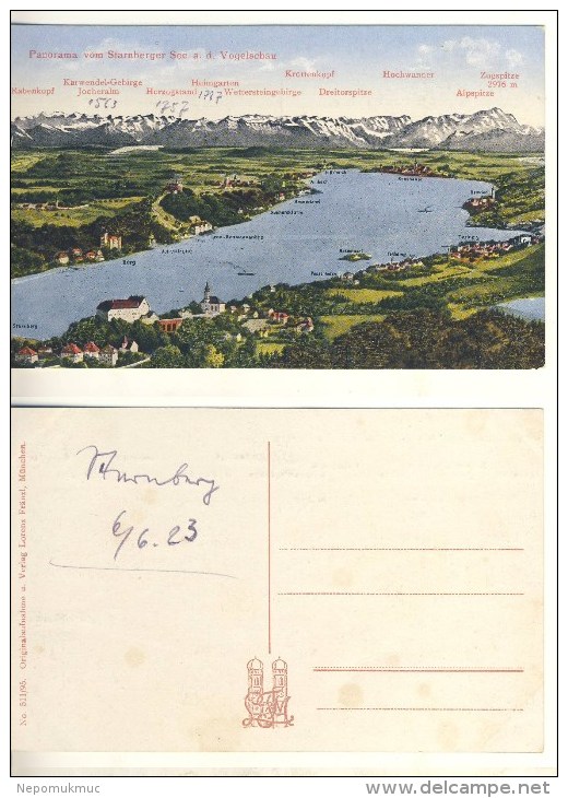 AK Starnberger See Vogelperspektive Nicht Gel. 6. 6. 1923 Coloriert (324-AK239) - Starnberg