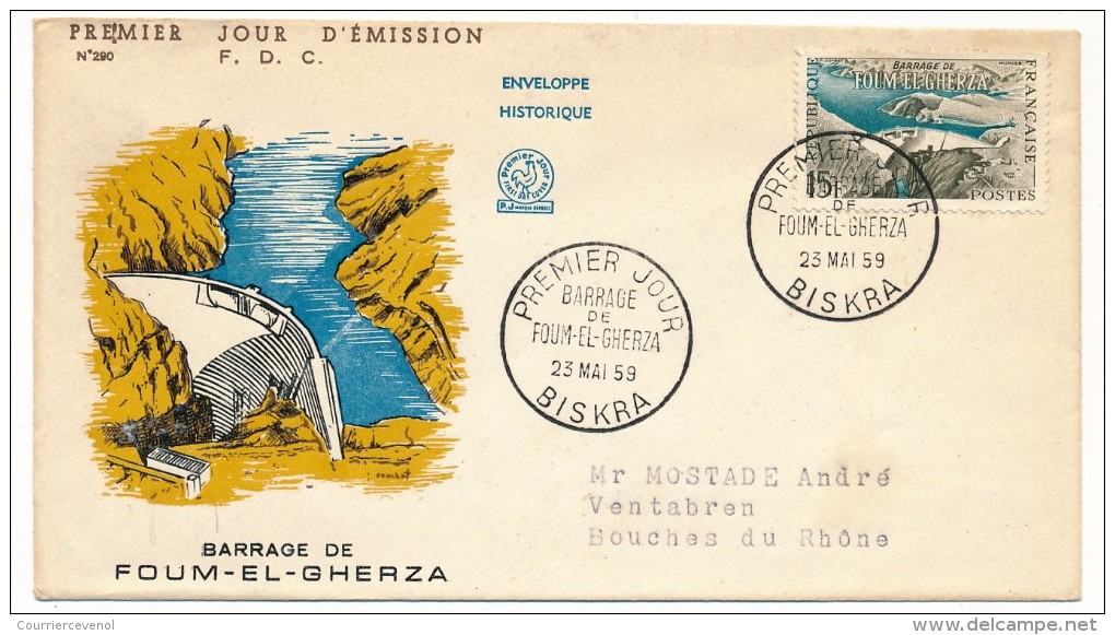 FRANCE - 4 FDC 1959 - Réalisations Techniques - Foum El Guerza, Marcoule, Hassi-Messaoud, CNIT Puteaux - 1950-1959