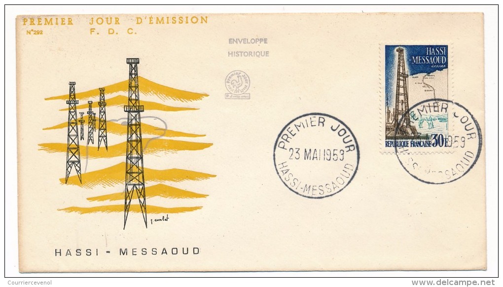 FRANCE - 4 FDC 1959 - Réalisations Techniques - Foum El Guerza, Marcoule, Hassi-Messaoud, CNIT Puteaux - 1950-1959