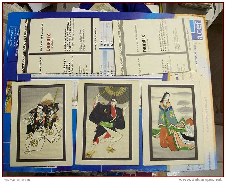 JAPON JAPAN 5 Cartes Sur Soie Folklore Guerrier Theatre Support Pub Pharmacie Publicité Diurilix 3 PJ FDC Hongrie 1971 - Autres & Non Classés