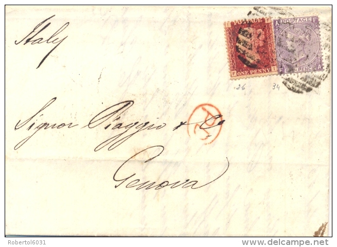 Great Britain 1868 Envelope To Genoa (Italy) With Stamps 1 Penny + 6 Pence (hyphen After SIX) - Storia Postale