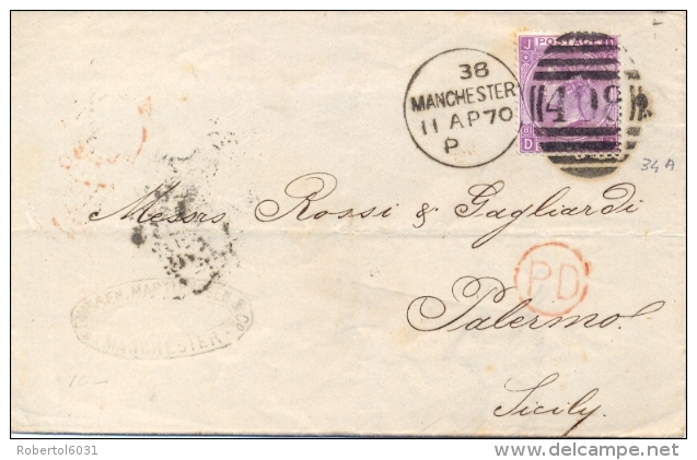 Great Britain 1870 Envelope From Manchester 498 To Palermo (Italy) With Stamp 6 Pence (no Hyphen After SIX) - Storia Postale