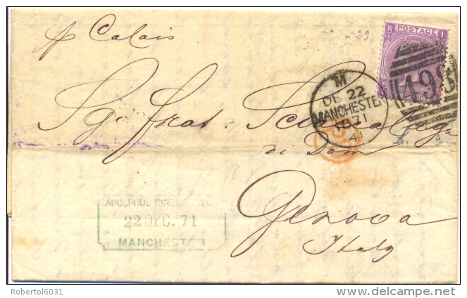 Great Britain 1871 Envelope From Manchester 498 To Genoa (Italy) With Stamp 6 Pence - Storia Postale