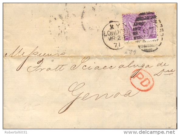 Great Britain 1871 Envelope From London 97 To Genoa (Italy) With Stamp 6 Pence - Storia Postale