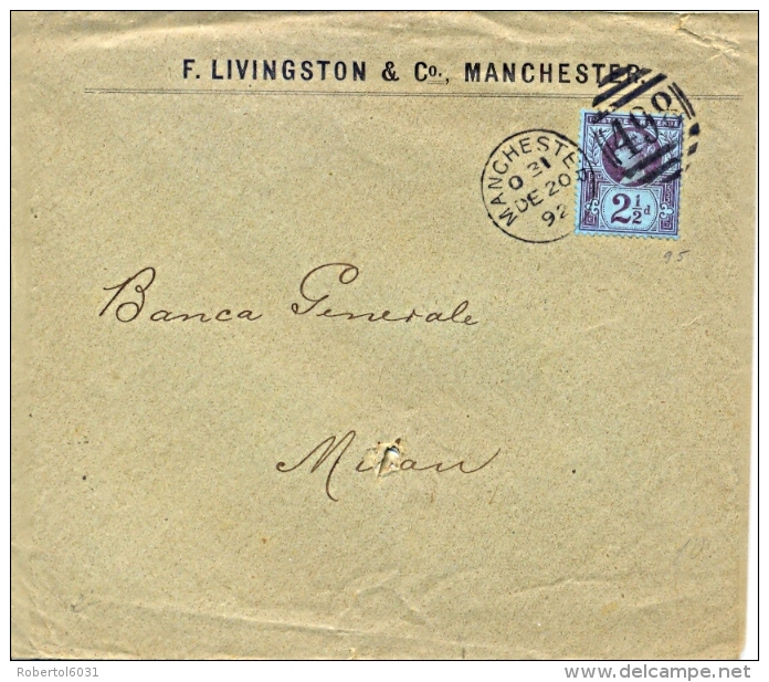 Great Britain 1892 Envelope From Manchester To Milan (Italy) With Stamp 2&frac12;  Pence Queen Victoria Jubilee - Storia Postale