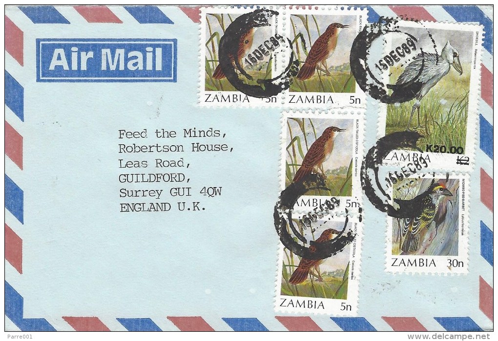 Zambia 1989 Lusaka Cisticola 5n Miombo Pied Barbet 30n Shoebill K20 On K2 Overprint Cover - Zambia (1965-...)