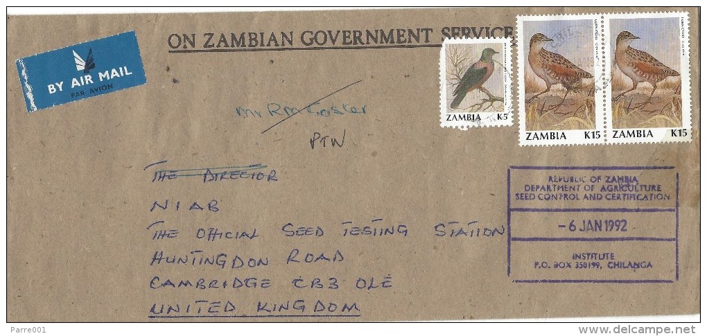 Zambia 1992 Chilanga Brown-naped Pigeon K5 Corn Krake K15 Cover - Zambia (1965-...)