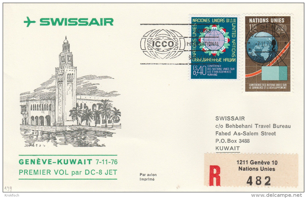 Genève ONU Koweit Kuwait 1976 - 1er Vol Erstflug Inaugural Flight - Swissair - Erst- U. Sonderflugbriefe