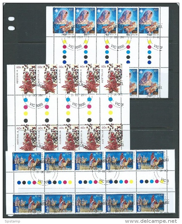 Australia 2011 Christmas 3 Higher Values VFU Gutter Blocks Of 10 Melbourne CTO - Used Stamps