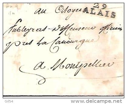 Marque  29 Alais  - 27 Mm X 10 Mm  Sur LAC DU 3/09/1800 POUR Montpellier  - Lot7209 - 1801-1848: Précurseurs XIX