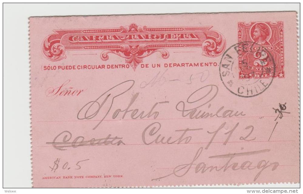 Chi165 /  CHILE - Kartenbrief Nr. 2 1897 San Felipe - Santiago, 3-34 Streifen Zusatzfrankatur - Chile