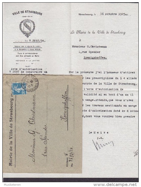 France MAIRIE VILLE DE STRASBOURG Bas-Rhin 1925 Cover Lettre KOENIGSHOFFEN Semeuse - 1906-38 Säerin, Untergrund Glatt