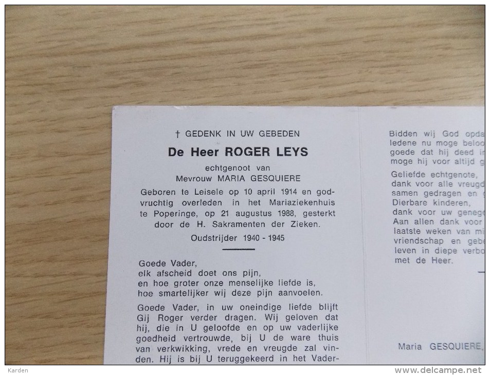 Doodsprentje Roger Leys Leisele 10/4/1914 Poperinge 21/8/1988 ( Maria Gesquiere ) - Religion & Esotericism