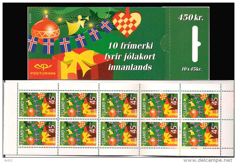 Iceland Island 2002,  Christmas, Christmas Tree, Gift Package, Booklet, 6/2002 Mi 1024 X 10 In Minisheet  MNH(**) - Unused Stamps