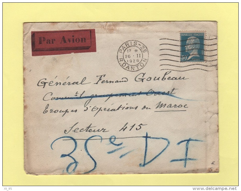 Par Avion 50c Pasteur Seul Sur Letttre Tarif FM + Avion - Paris 26-2-1926 - Destination Secteur 415 Maroc - Sans Arrivee - 1960-.... Covers & Documents