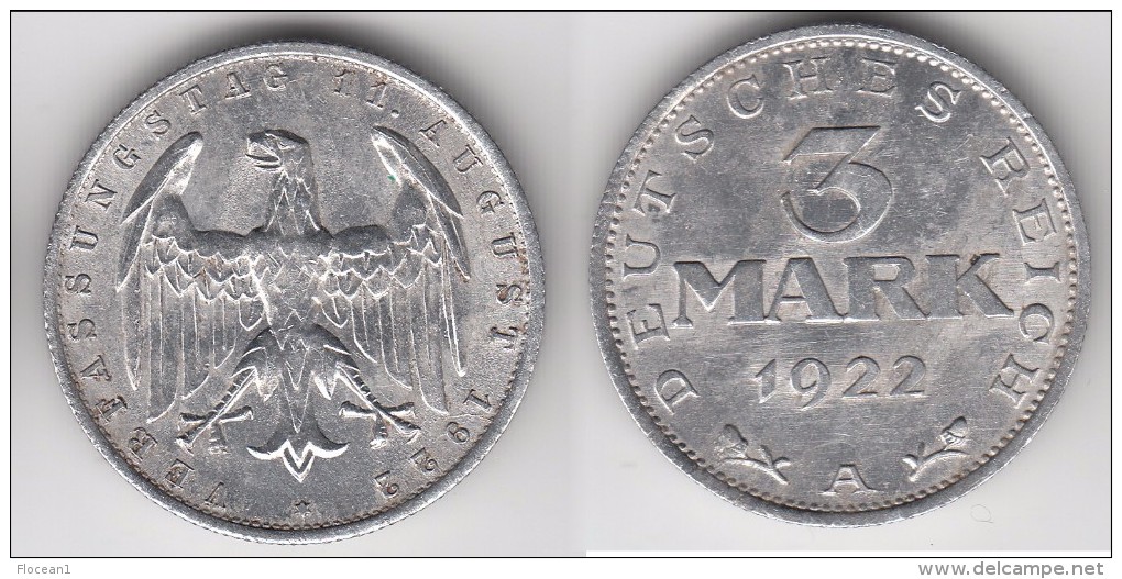 **** ALLEMAGNE - GERMANY - WEIMAR REPUBLIC - 3 MARK 1922 A - 3rd ANNIVERSARY WEIMAR **** EN ACHAT IMMEDIAT - 3 Mark & 3 Reichsmark