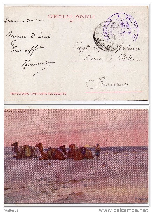 1913 Libye Libya Libia Cartolina Ill. Codognato Vg ZANZUR X Benevento Cenno Piega Cp Card - Libya