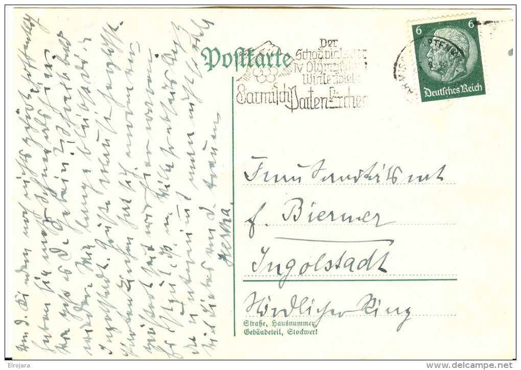GERMANY Card With Olympic Machine Cancel Der Schauplatz Der IV Olympische Winterspielen Used On 25-2-39 - Hiver 1936: Garmisch-Partenkirchen