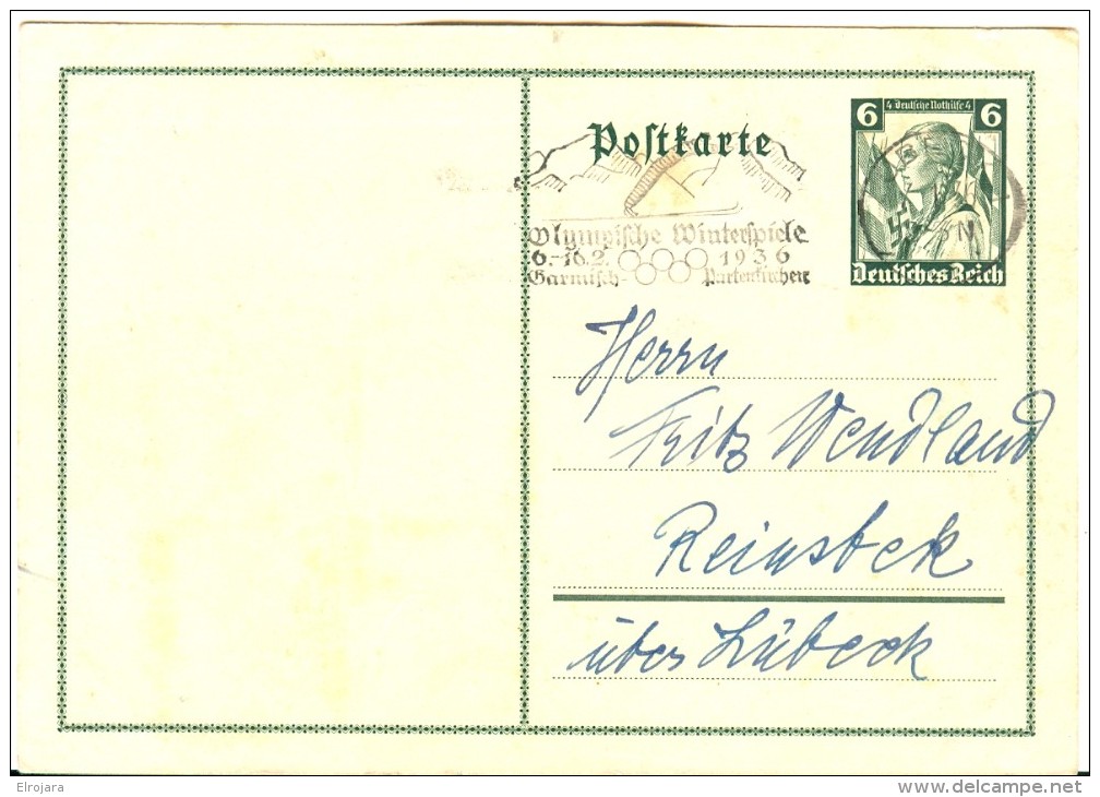 GERMANY Stationery With Olympic Machine Cancel Olympische Winterspiele From Lübeck - Hiver 1936: Garmisch-Partenkirchen
